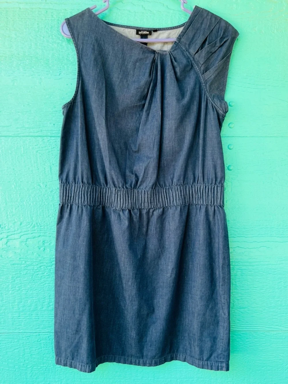 Kate Spade Saturday Denim Shift Dress L 💙 Shirred Waist Pleated Shoulder Cotton